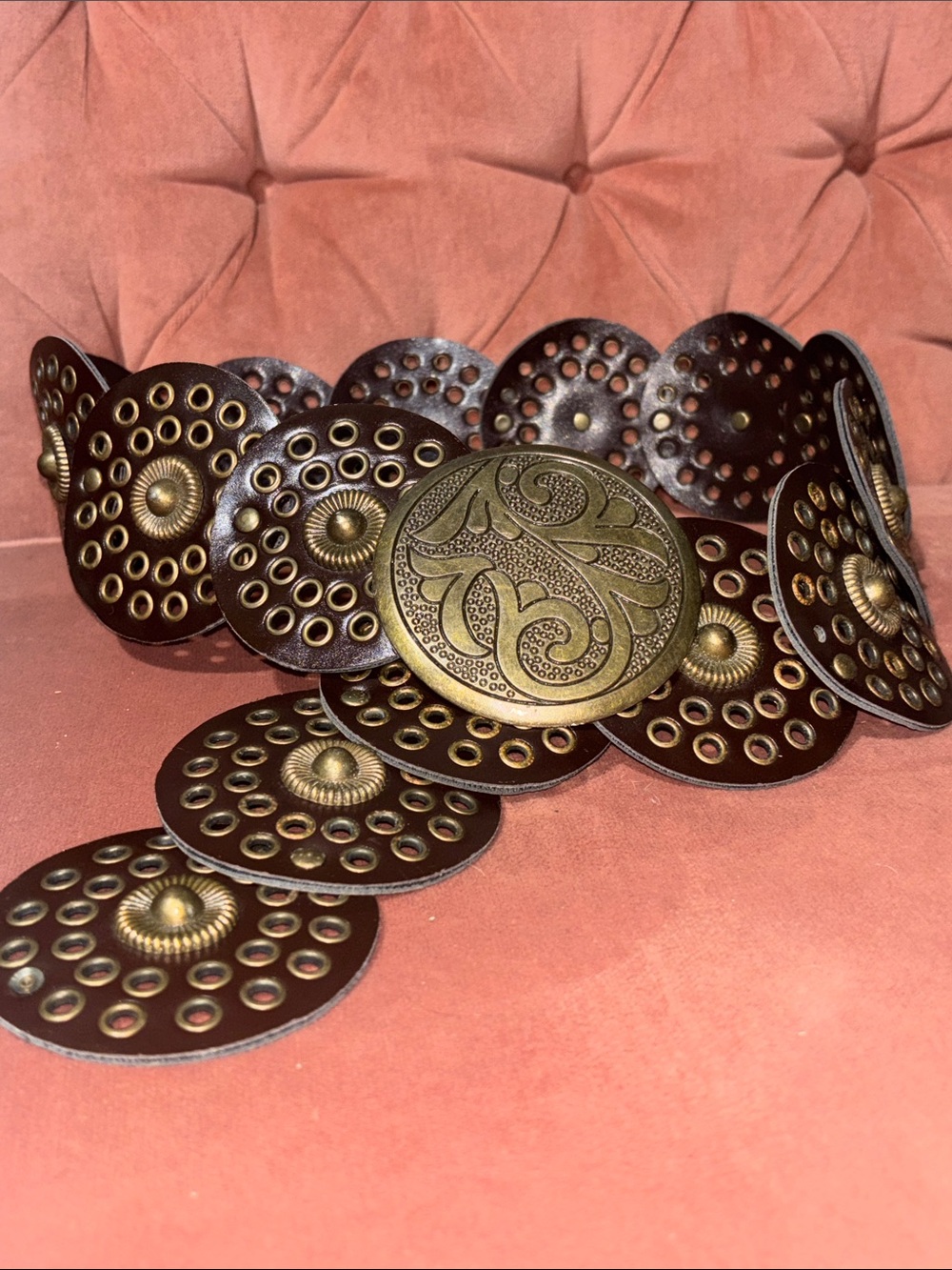Large disk belt faux leather brown studded adjustable y2k style boho belt